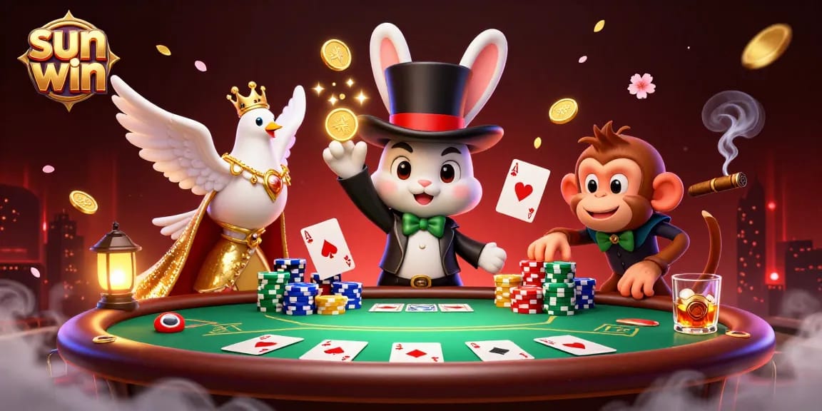 Experience the thrill of sun win casino with a magician rabbit revealing treasures while enjoying vibrant gaming elements.