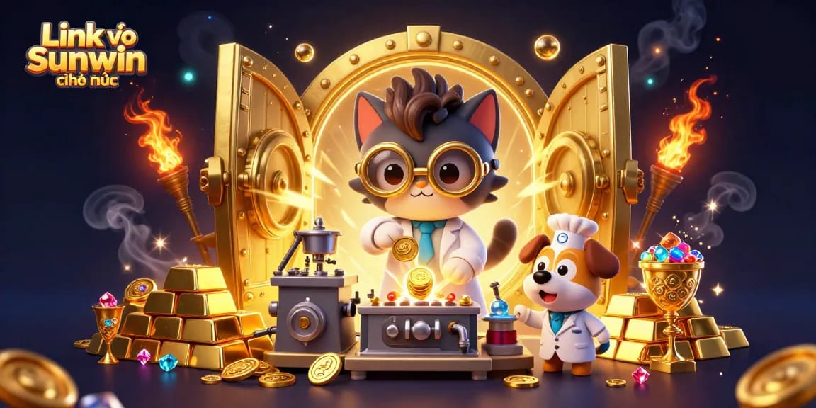 Engage with the vibrant world of Link vào Sunwin chính thức featuring cartoon characters amidst a treasure-filled lab scene