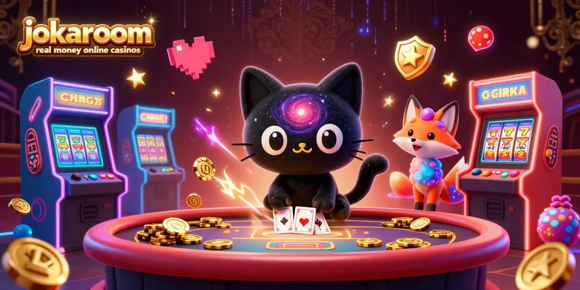 Engage with jokaroom real money online casinos scene showcasing a cosmic cat drawing in chips and cards.