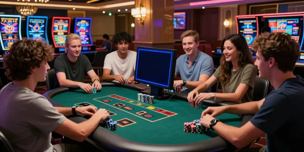Friends engaging in an exciting live dealer game at man88 online casino, showcasing a vibrant atmosphere.