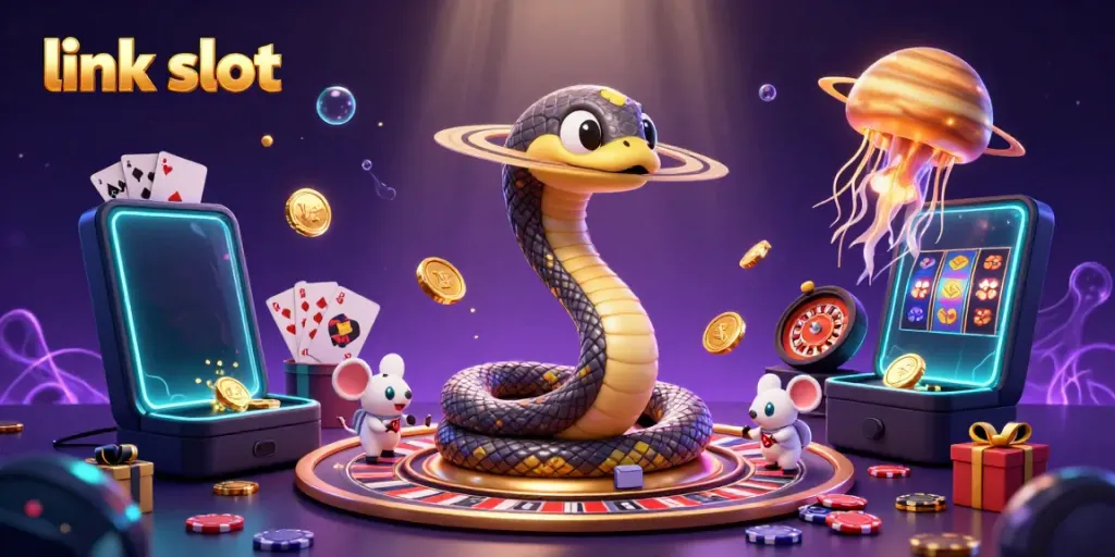 Join the cosmic fun with a link slot experience amid vibrant gaming elements, featuring unique characters.