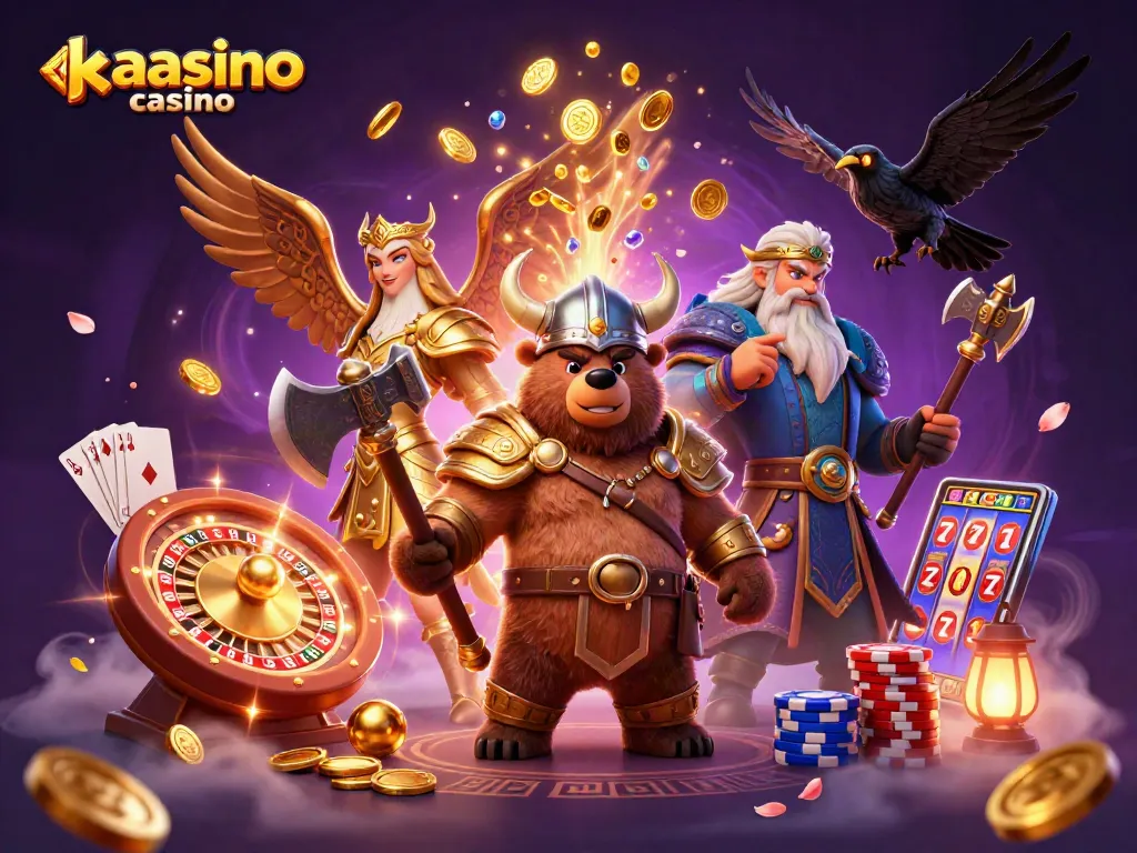 Kaasino casino players enjoying a vibrant, action-packed 3D scene with a Viking bear, Valkyrie eagle, and dazzling casino elements.