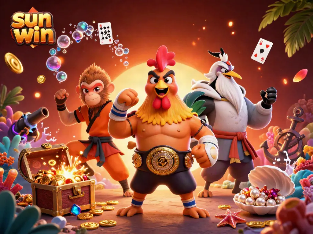 Experience the thrilling world of sun win with vibrant characters and casino elements in this immersive illustration.