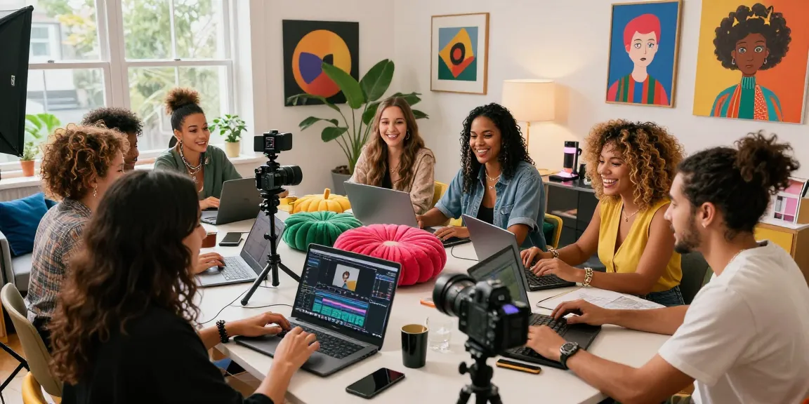 Engaging amateur porn content creators collaborating in a lively home studio.