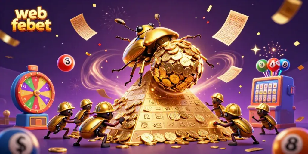 Engage with the ultimate web febet experience, highlighted by a spectacular 3D scene of golden beetles in a lottery celebration.