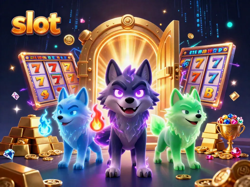 Experience thrilling slots action with a powerful wolf leader and gems bursting from a treasure vault