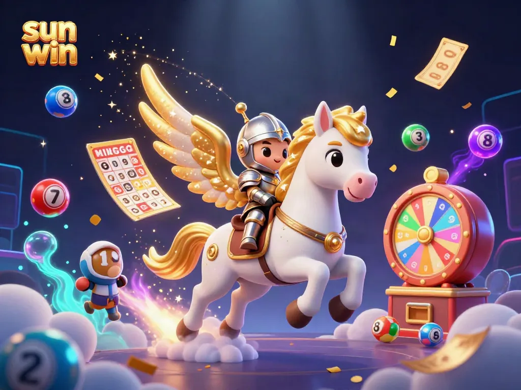 Join the thrilling adventure at sun win, with a flying horse and colorful lottery elements enhancing the casino experience.