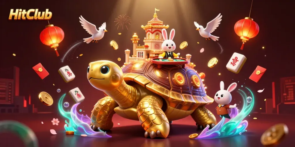 Experience excitement at HitClub with a golden tortoise casino, a rabbit dealer, and flying coins.