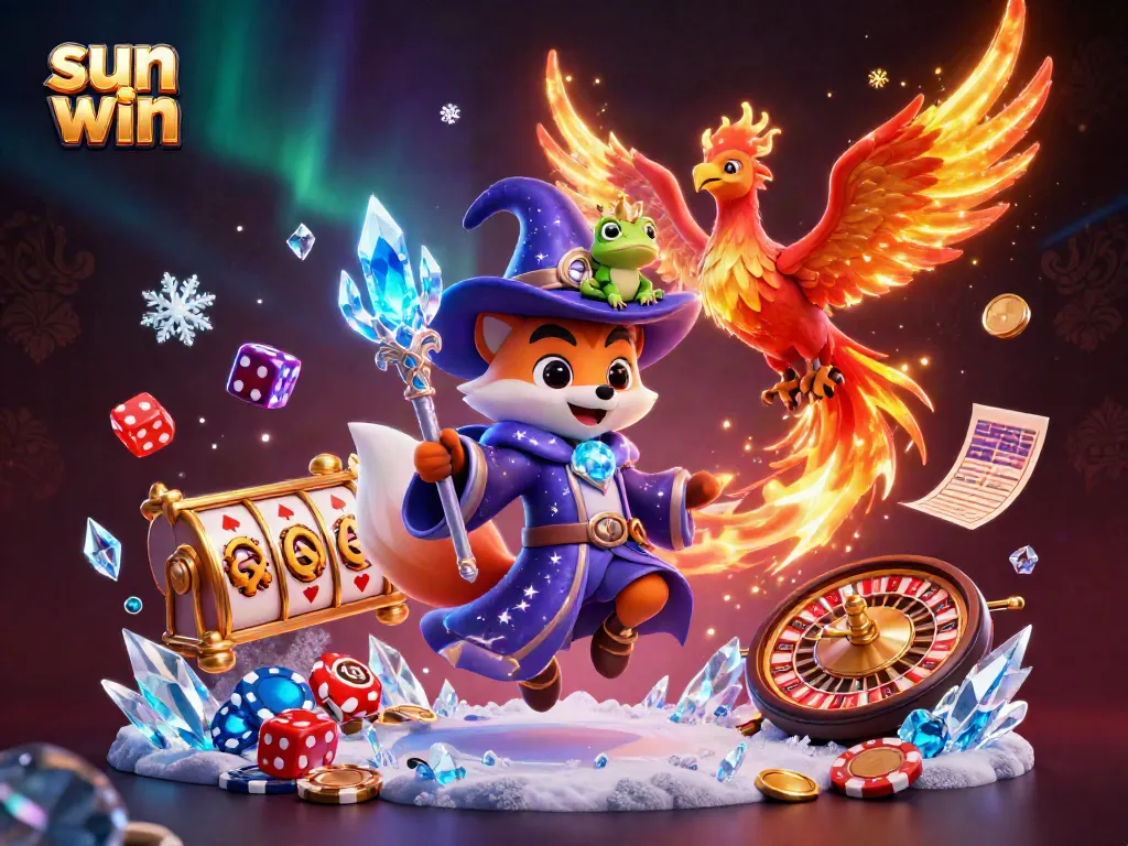 Experience the enchanting world of sun win with a mystical wizard, phoenix, and exciting casino elements.