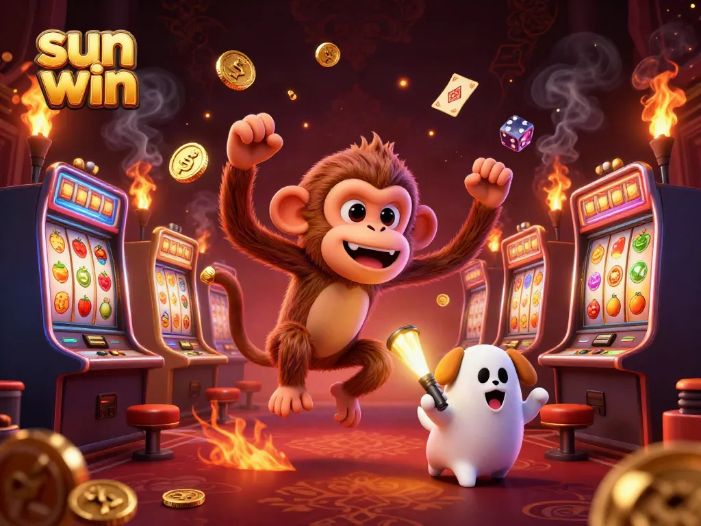 Experience the thrill of sun win with a playful poltergeist monkey and a curious pup in a bustling casino.