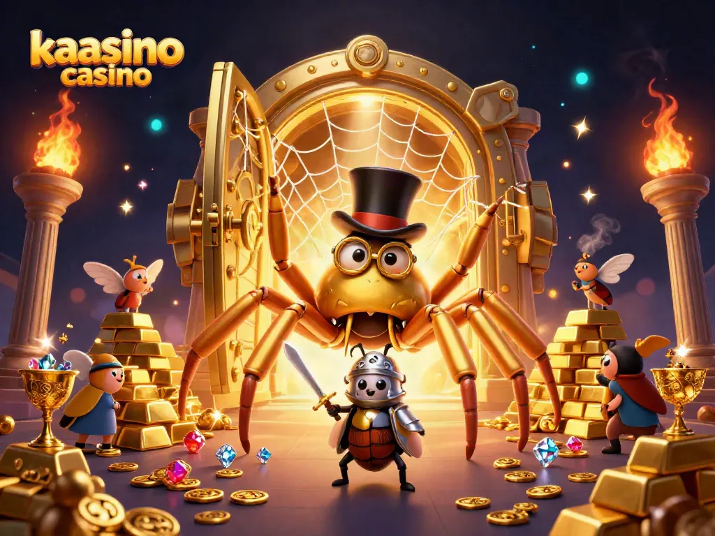 Kaasino casino offers thrilling adventures with a vibrant golden tarantula and beetle knight in a rich casino scene.