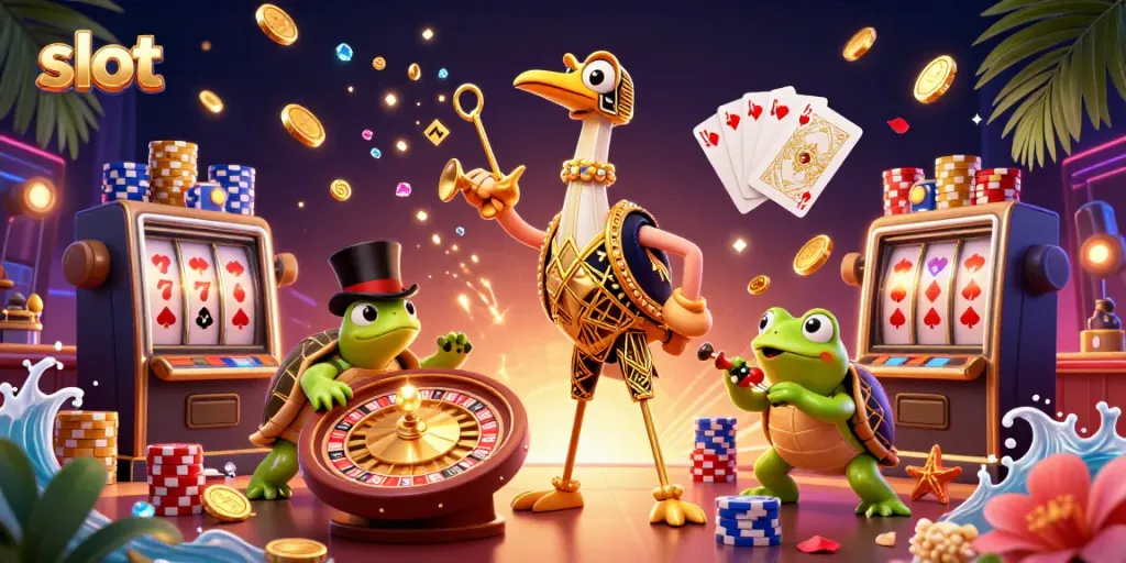 Experience thrilling slot action with a vibrant 3D scene of casino characters and games.